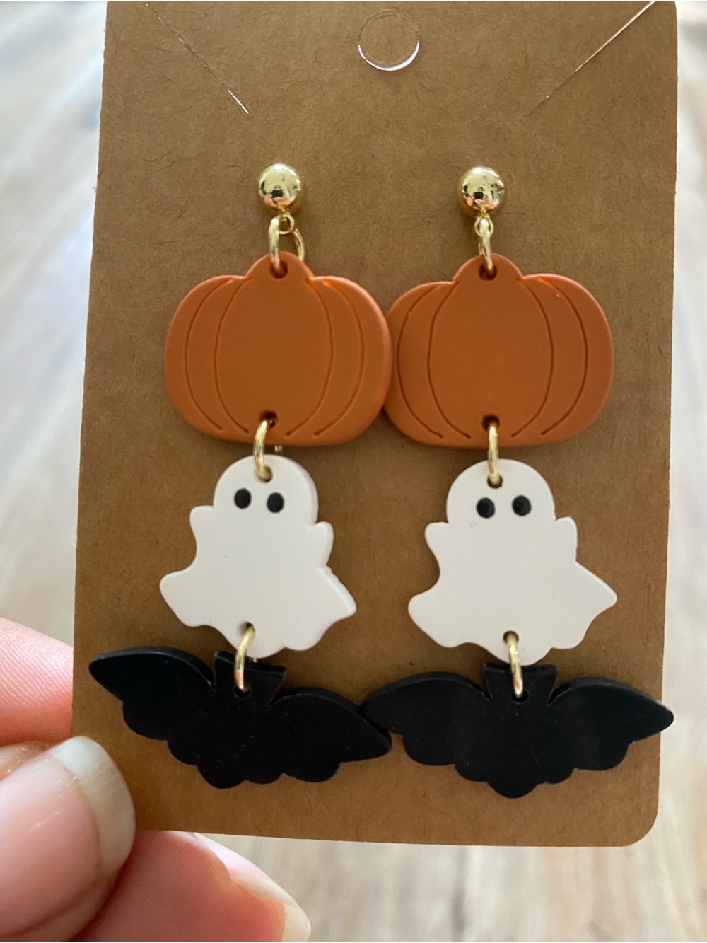 Halloween Pumpkin Ghost Bat Dangle Earrings - Orange, White, Black